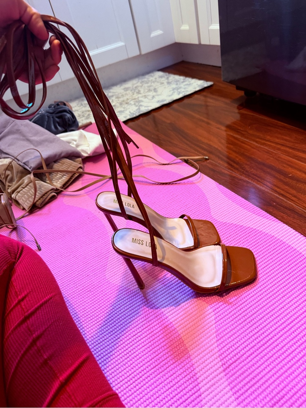 Miss Lola Brown Lace-Up Square-Toe Stiletto Sandals